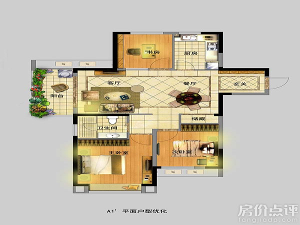 户型图-三室两厅一卫-108平米